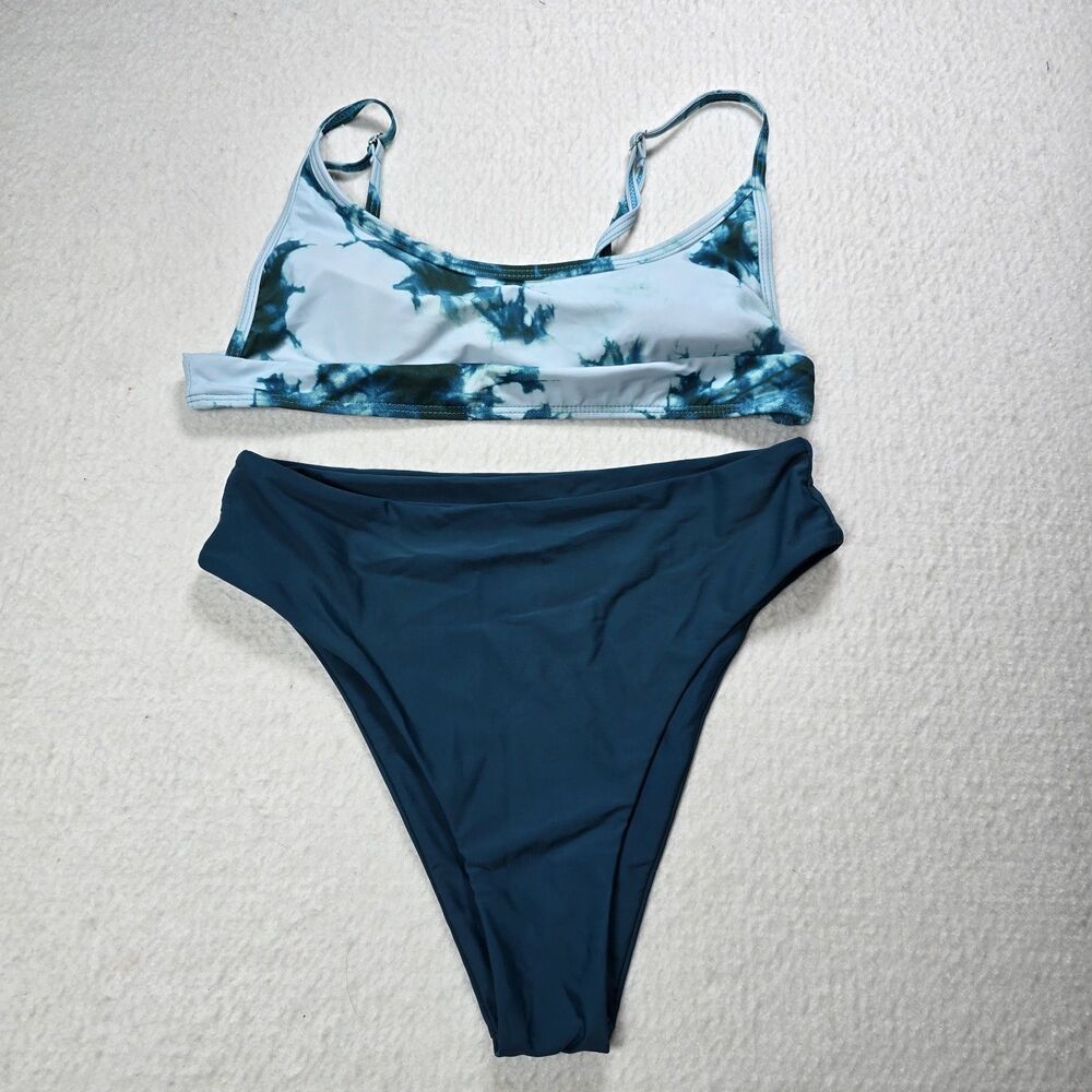 Shein Dark Teal White 2-Piece Bikini Set Bralette Spaghetti Strap L Bottom M